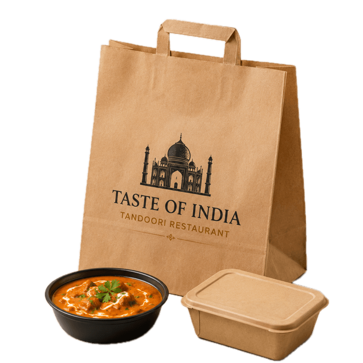 Taste of India takeaway bag with a curry bowl and a kraft box